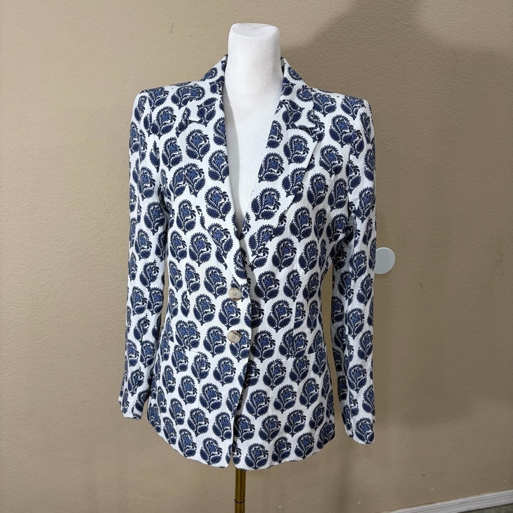 J. Crew Helena Blazer in Blue Bouquet Block Print Chelsea Linen-Blend Sz 2 Boho